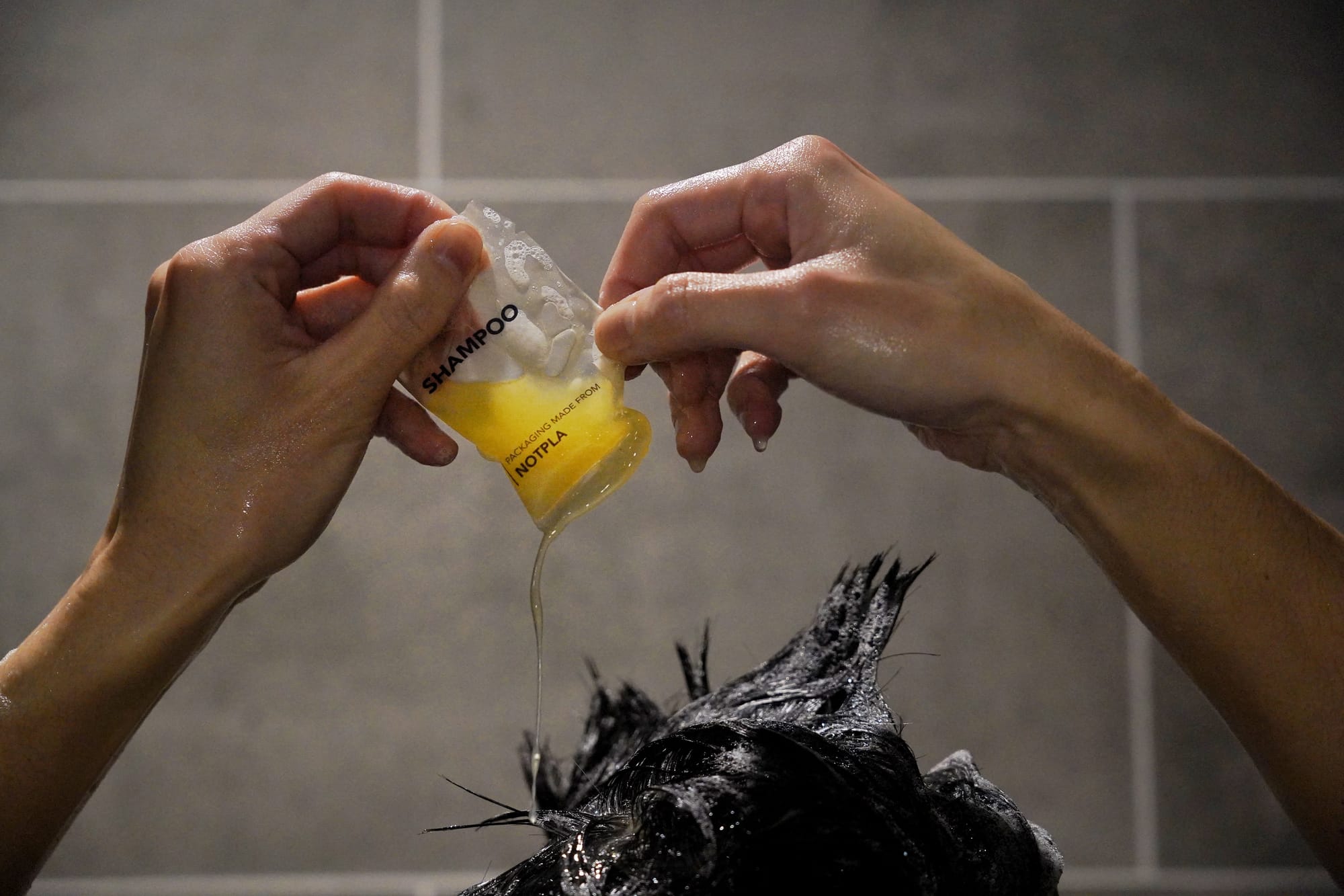 Person shampooing hair with individual container that says Shampoo, packaging made from Notpla