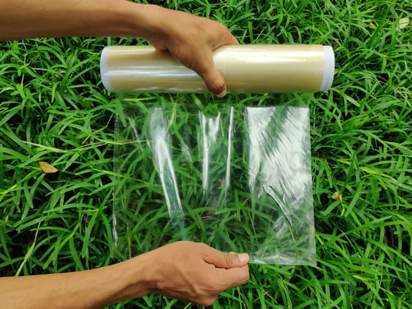 A person's hands holding a material similar to a plastic wrap roll over a grassy field.